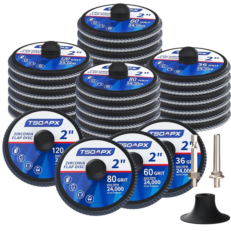 TSOAPX 29 PCS Flap Discs Set, 2 Inch Zirconia Roll Lock Die Grinder Sanding Disc 36/60/80/120 Grit T27 with 1/4" Disc Holder for Cleaning Finishing Deburring of Irregular Surfaces - Image 1